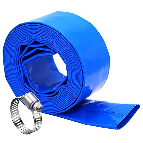 DAVCO 3" x 50 ft Pool Backwash Hose, Heavy Duty Reinforced Blue PVC Lay Flat Water Discharge Pump Hoses For Swimming Drain Pools and Clean Filters,with 1 Clamp