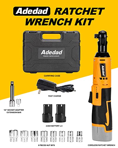 Adedad Cordless Electric Ratchet Wrench Set, 3/8" Power Ratchet Wrench, 40 Ft-lbs 400RPM 12V Battery Ratchet Tool Kit with 2 Pack 2.0Ah Lithium-Ion Battery and 1 Fast Charger