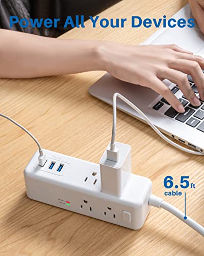 Power Strip Surge Protector by KOOSLA, [15A 1875W] 3 Sided, 6.5 ft Extension Cord, Flat Plug, 8 AC Multiple Outlets & 3 USB Ports Charging Station, Compact for Travel, Home, Office, Dorm Room