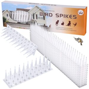 tobwolf 12 pack bird spikes, plastic fence spikes for small birds pigeon squirrel raccoon, no more bird nests & poop, pigeon spikes for garden fence wall railing roof - white