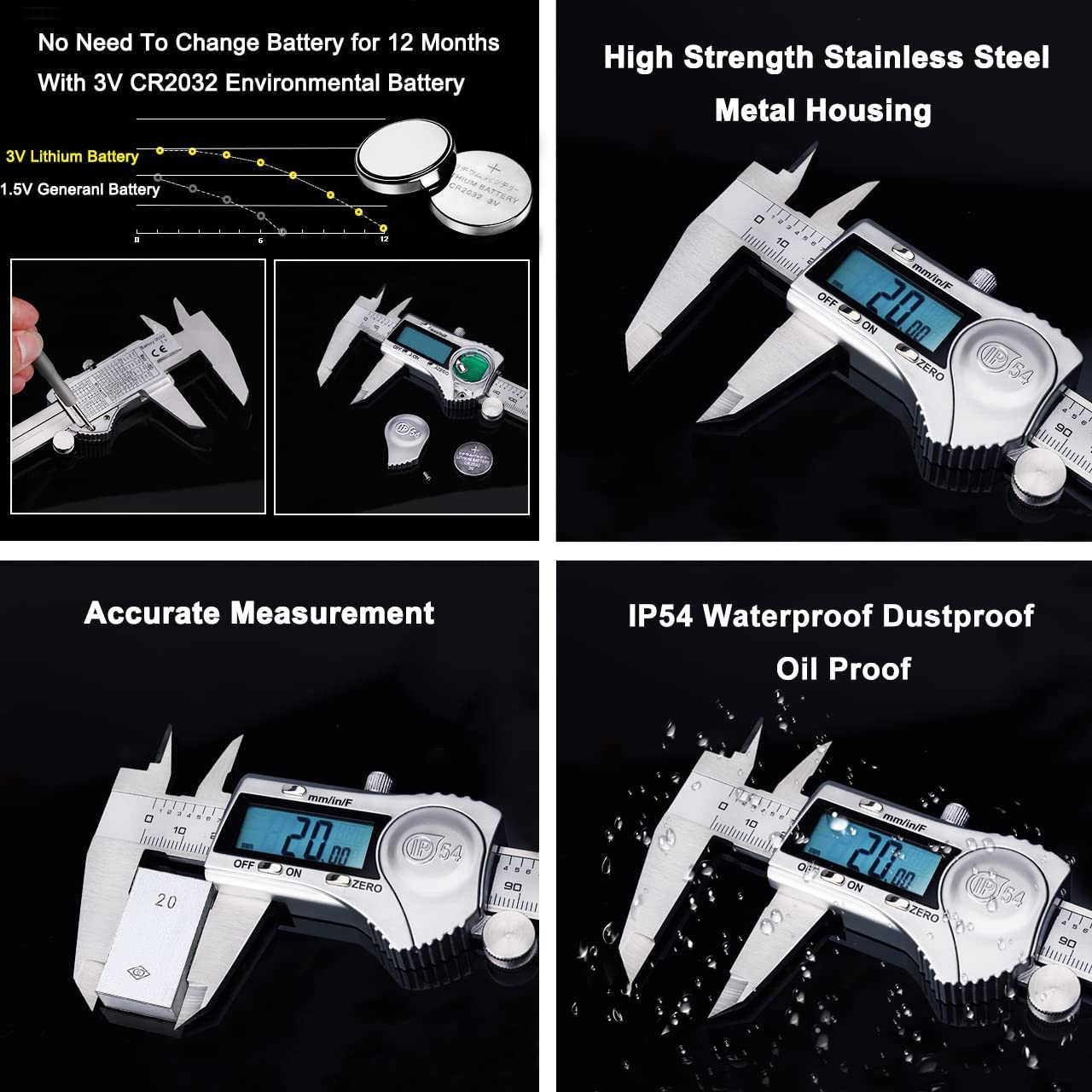 Kynup 6Inch & 12Inch Digital Calipers, Caliper Measuring Tools IP54 Waterproof Protection Design, Stainless Steel Measuring Tools Easy Switch from Inch Metric Fraction, Large LCD Screen