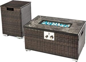 aj enjoy 32in gas fire pit table set, 50,000 btu propane fire pit table outdoor with rain cover, hideaway tank holder fits 20lb tank, gas fire pit for outside w/ceramic tabletop and lid, glass rocks