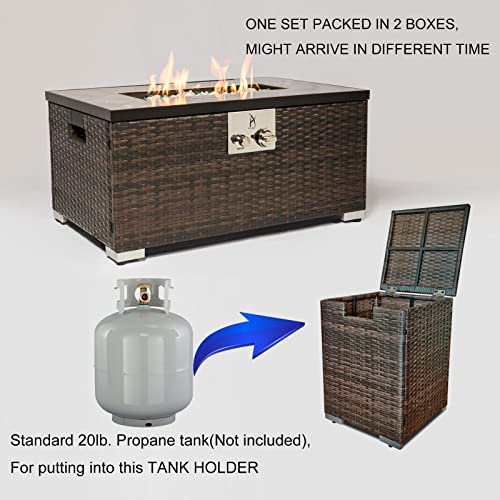 AJ Enjoy 32in Gas Fire Pit Table Set, 50,000 BTU Propane Fire Pit Table Outdoor with Rain Cover, Hideaway Tank Holder Fits 20lb Tank, Gas Fire Pit for Outside w/Ceramic Tabletop and lid, Glass Rocks