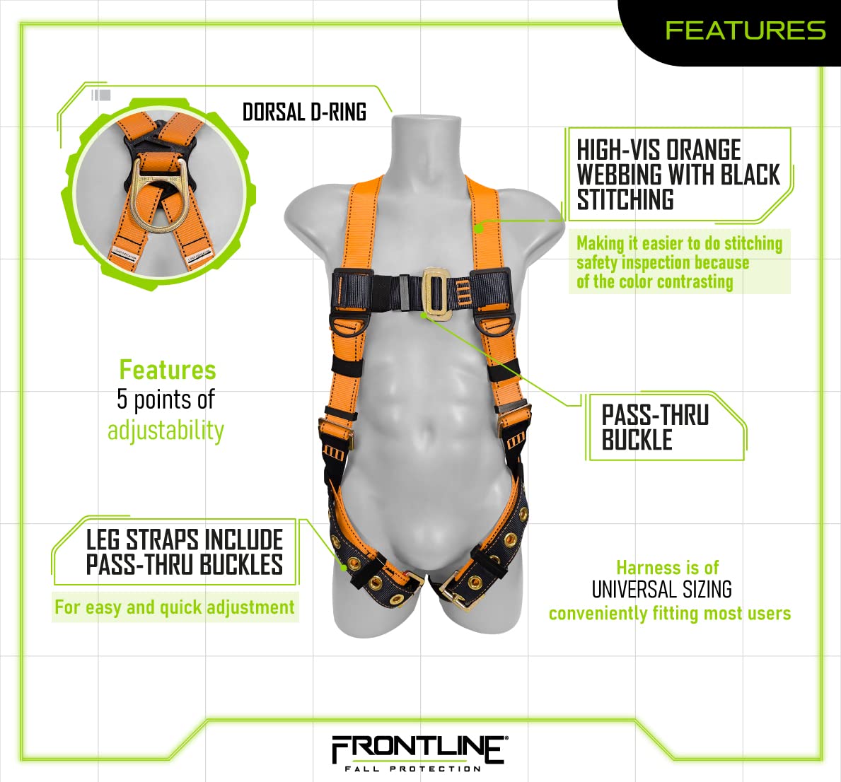 Frontline 100VTB Combat™ Economy Series Full Body Harness with Tongue Buckle Legs (Universal) | OSHA and ANSI Compliant