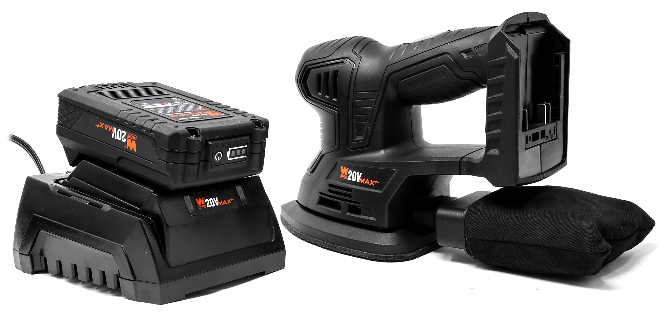 WEN Cordless Palm Sander with 20V Max 2.0 Ah Lithium-Ion Battery and Charger (20401) Black