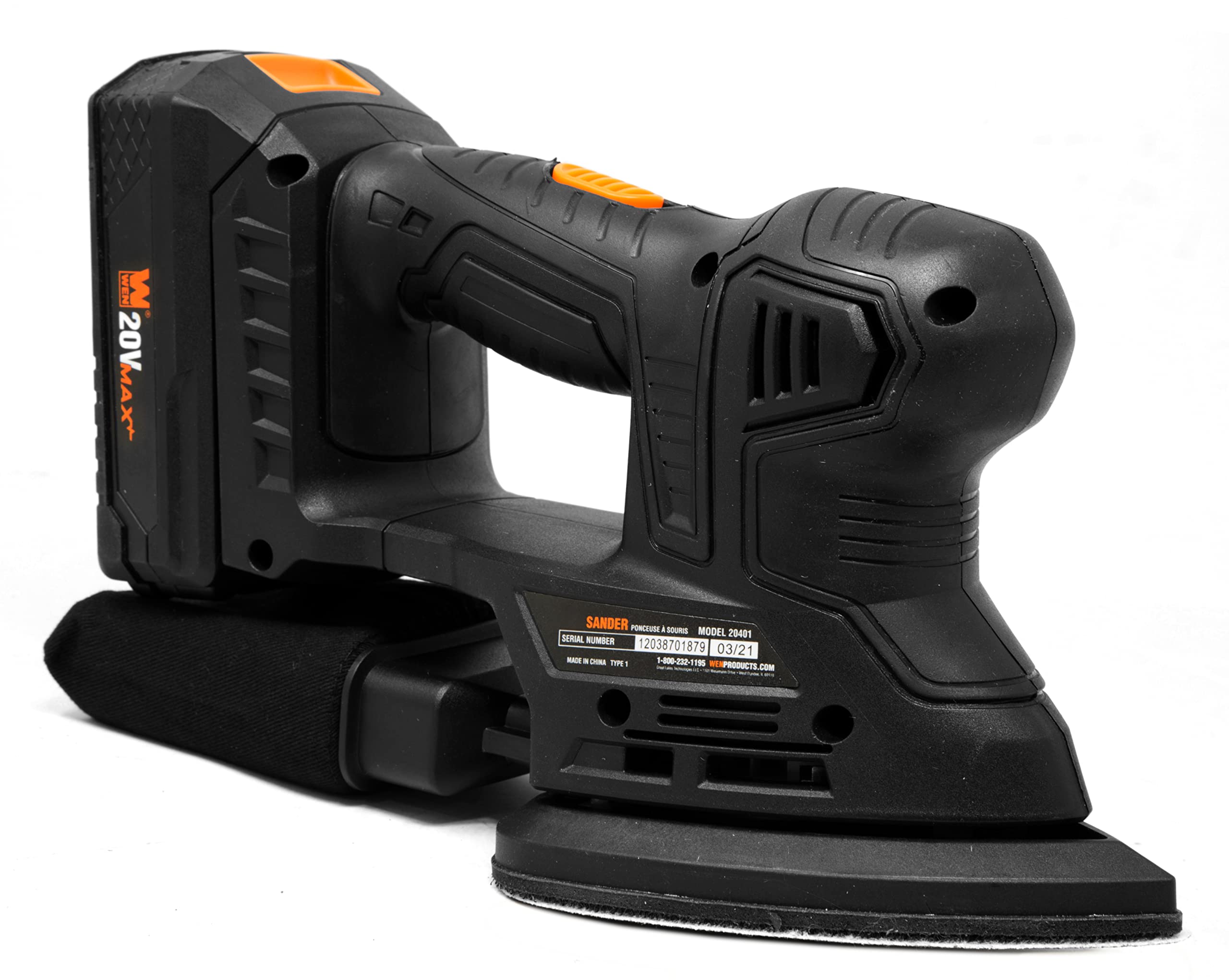 WEN Cordless Palm Sander with 20V Max 2.0 Ah Lithium-Ion Battery and Charger (20401) Black