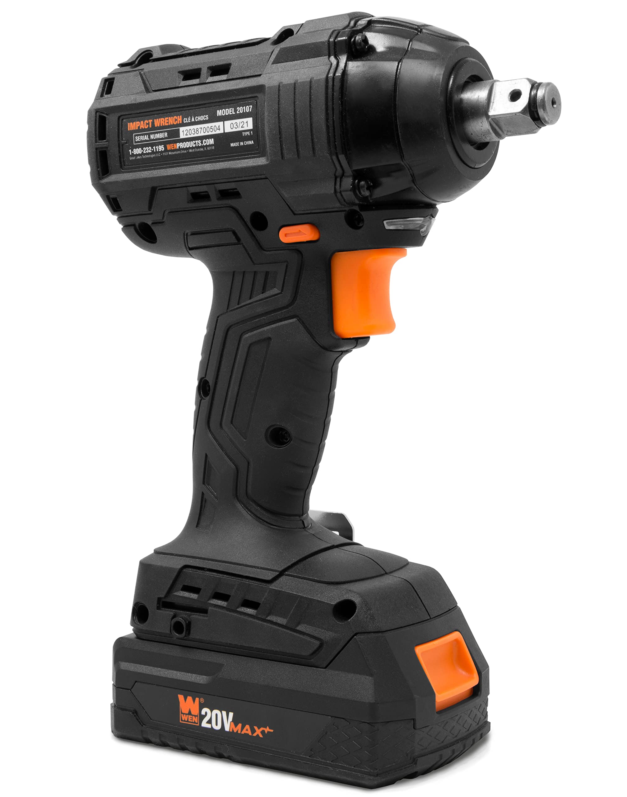 WEN Cordless Impact Wrench, Brushless with 20V Max 2.0 Ah Lithium-Ion Battery and Charger (20107)