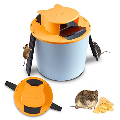 Wiok Mouse Trap - Flip and Slide Rat Trap,Double Door&Slope Reusable Traps Automatically Resets,Humane or Lethal Trap, Outdoor Use Compatible with 5 Gallon Bucket,Cat Style Multi Catch Mice Yellow