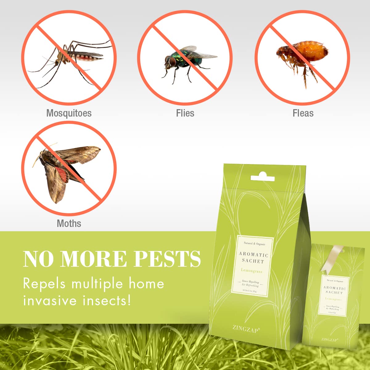 ZingZap Insect Repelling Sachets 10-Pack, Repels Ants, Fleas, Moths, Mosquitoes, Roaches & More, All-Natural Refreshing Scent, Lasting Effectiveness, Non-Toxic Lemongrass