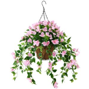 homsunny artificial fake flowers plants with hanging baskets for outdoor, pink faux silk bougainvillea silk vine flowers for outdoor garden yard pouch patio indoor home decoration