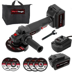 werktough 20v cordless angle grinder kit 4-1/2 inch with 4.0ah lithium-ion battery & fast charger high speed 8000rpm easy handle with 3pcs cutting disc and 2pcs grinding disc in tool bag