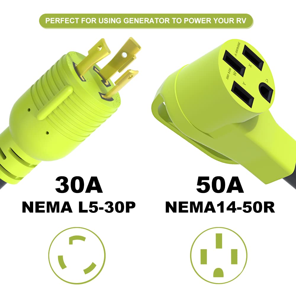 AOWEITOUR 30 Amp to 50 Amp RV Generator Adapter Cord, NEMA L5-30P Twist Lock Male Plug to NEMA 14-50R Female, Outdoor Ower Equipment Suitable for RV Trailer Camper, Heavy Duty STW 10 AWG(12 Inch)