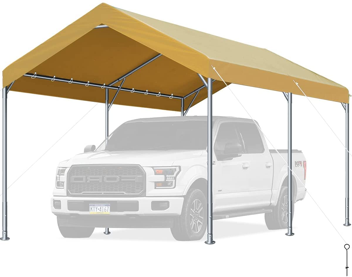 FINFREE Carport 10 x 20 ft Heavy Duty Carport with 4 Sandbags, Car Canopy for Auto, Boat & Market Stall, Adjustable Height from 9.5 ft to 11 ft,Beige