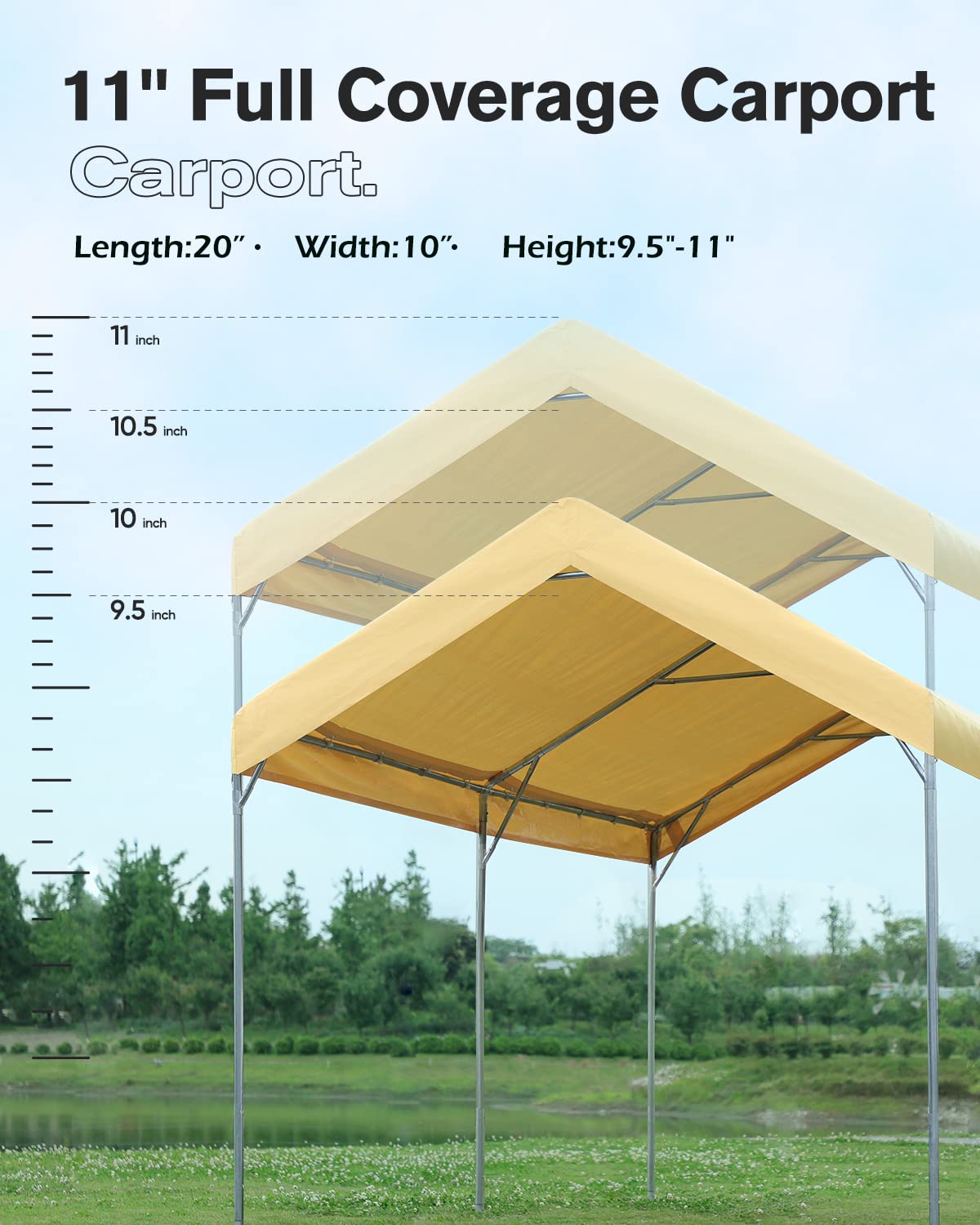 FINFREE Carport 10 x 20 ft Heavy Duty Carport with 4 Sandbags, Car Canopy for Auto, Boat & Market Stall, Adjustable Height from 9.5 ft to 11 ft,Beige