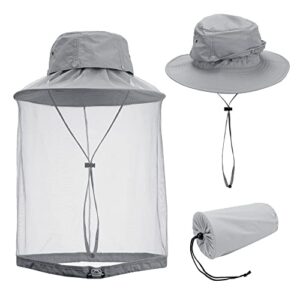 yoption mosquito head net hat, sun hat bucket hat with hidden net mesh for outdoor fishing hiking safari gardening, with carry bags, for men women (grey)