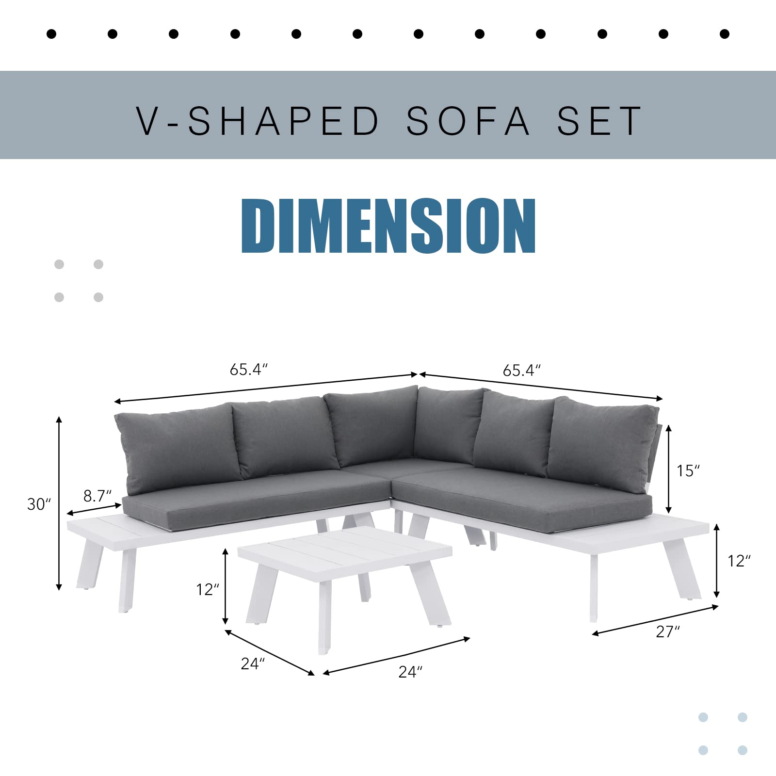 Soleil Jardin 4-Piece Outdoor Patio Furniture Set L-Shaped Aluminum Sectional Sofa with Coffee Table All-Weather Patio Conversation Set with Cushions, White