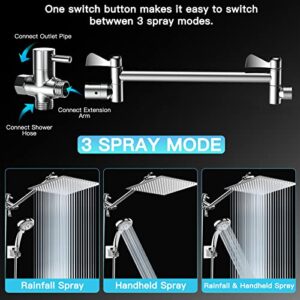 Shower Head, 10" High Pressure Rainfall Shower Head with 11" Adjustable Extension Arm and 9 Settings Handheld Showerhead Combo with Holder, Retractable 59" Hose, Flow Regulator, Chrome