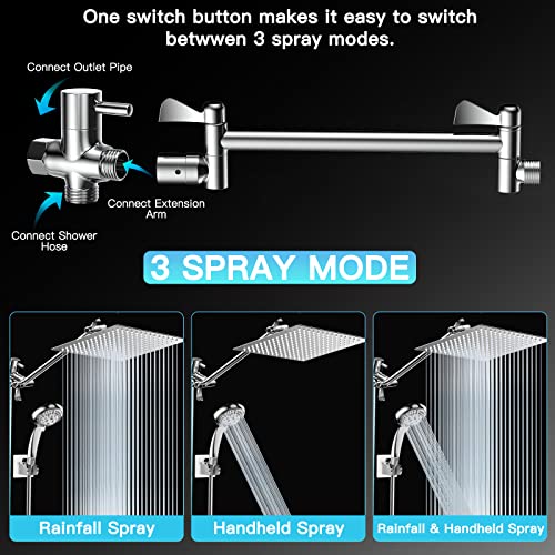 Shower Head, 10" High Pressure Rainfall Shower Head with 11" Adjustable Extension Arm and 9 Settings Handheld Showerhead Combo with Holder, Retractable 59" Hose, Flow Regulator, Chrome