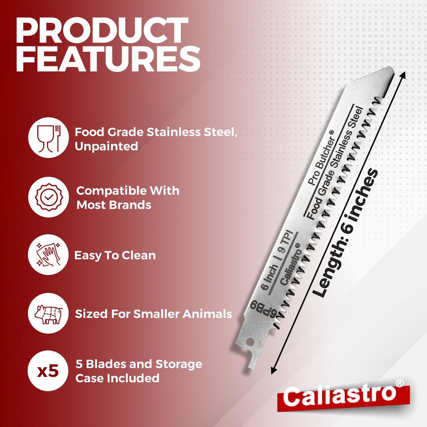 Caliastro 6-Inch Stainless Steel Frozen Meat Bone Cutting Saw Blades for Reciprocating and Sawzall Saws 5-Pack