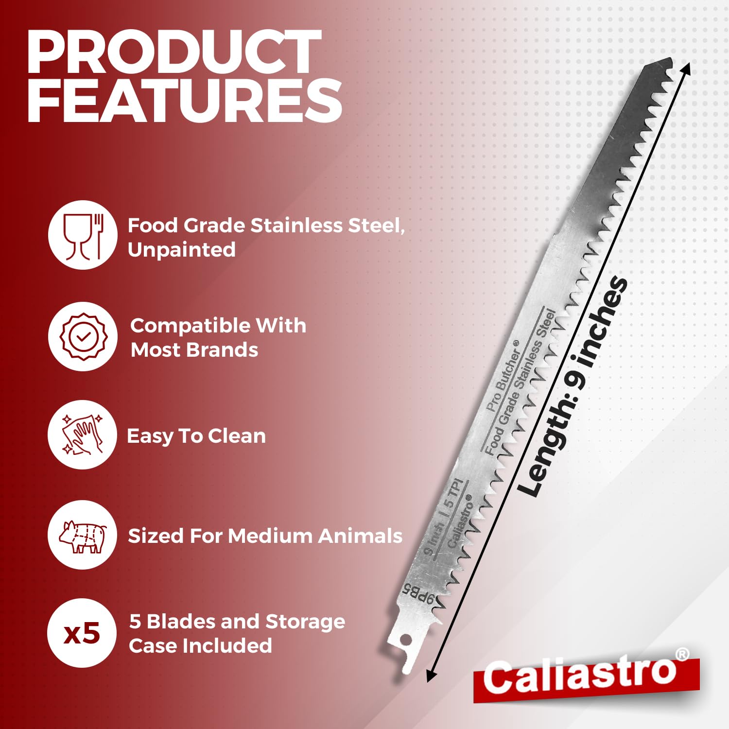 Caliastro 9-Inch Stainless Steel Frozen Meat Bone Cutting Saw Blades for Reciprocating and Sawzall Saws 5-Pack