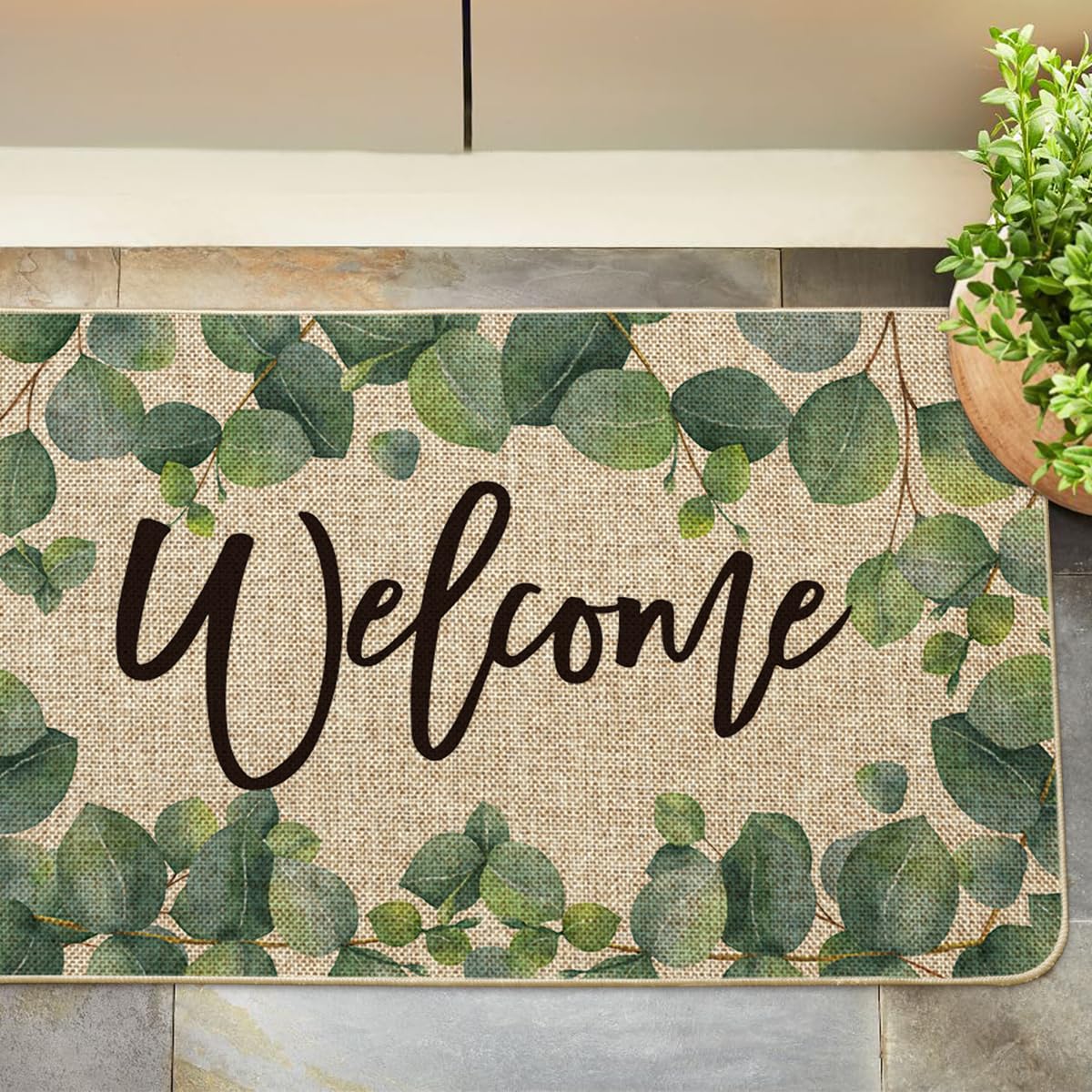 Artoid Mode Eucalyptus Summer Welcome Doormat, Seasonal Spring Summer Low-Profile Yard Floor Switch Mat for Indoor Outdoor 17 x 29 Inch