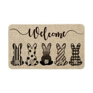 artoid mode cute bunny sketch buffalo plaid stripes dot welcome easter doormat, seasonal spring summer holiday low-profile yard floor switch mat for indoor outdoor 17 x 29 inch