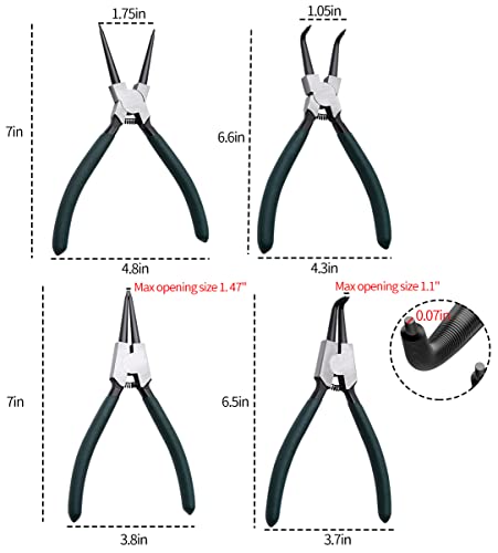 LFSEMINI Snap Ring Pliers Set, 4pcs 7" Internal/External Circlip Pliers Kit with Straight/Bent Jaw, Heavy Duty Precision Spring Loaded Pliers for Ring Remover Retaining and Remove Hoses, Gaskets