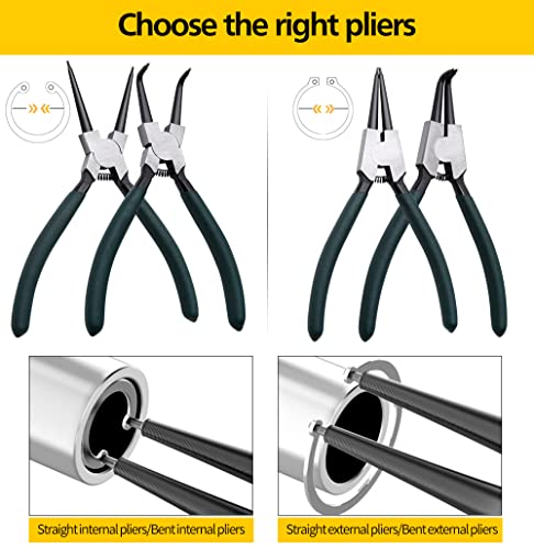 LFSEMINI Snap Ring Pliers Set, 4pcs 7" Internal/External Circlip Pliers Kit with Straight/Bent Jaw, Heavy Duty Precision Spring Loaded Pliers for Ring Remover Retaining and Remove Hoses, Gaskets