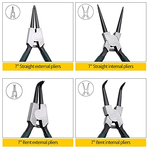 LFSEMINI Snap Ring Pliers Set, 4pcs 7" Internal/External Circlip Pliers Kit with Straight/Bent Jaw, Heavy Duty Precision Spring Loaded Pliers for Ring Remover Retaining and Remove Hoses, Gaskets