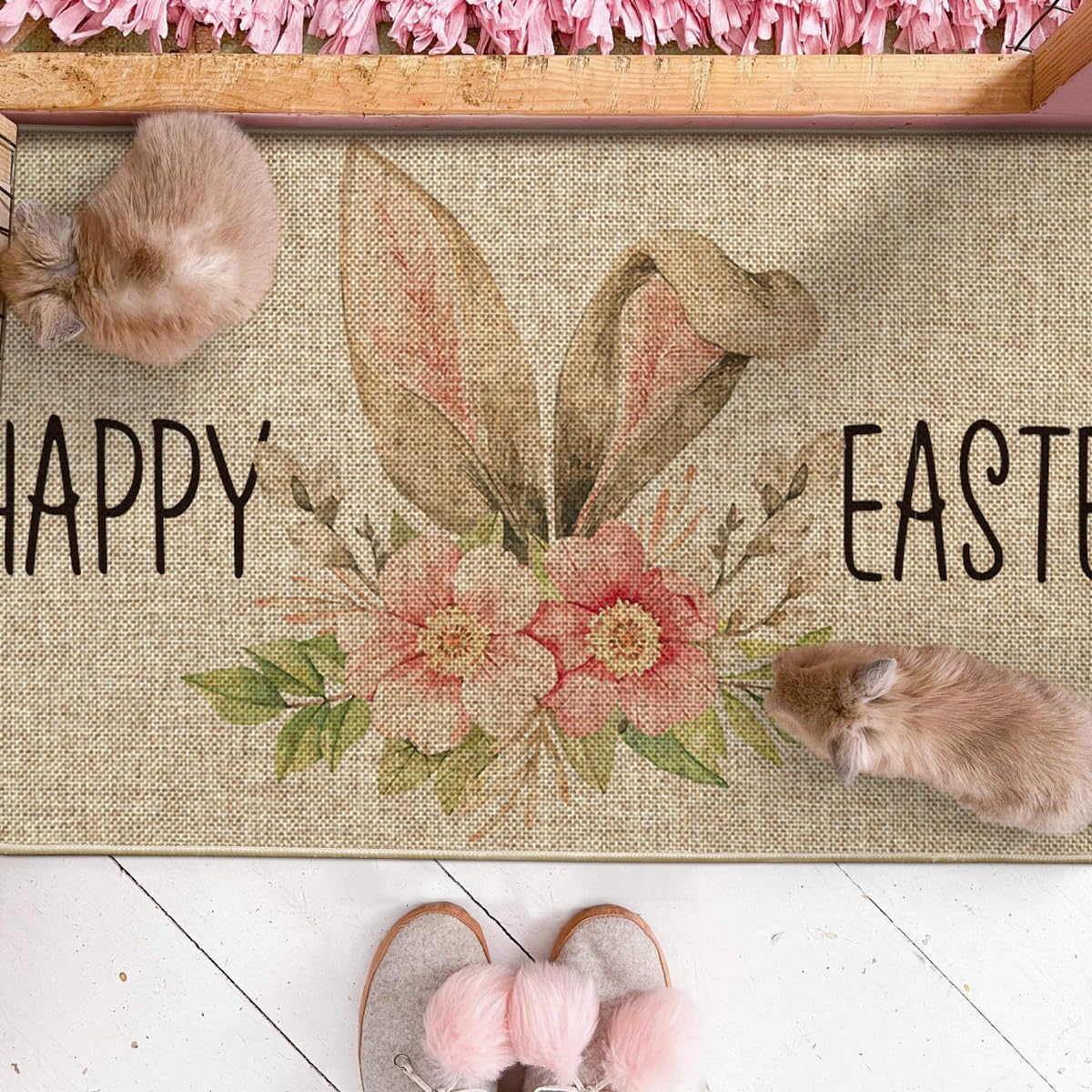 Artoid Mode Elegant Welcome Cute Bunny Ears Easter Doormat, Seasonal Spring Summer Holiday Low-Profile Yard Floor Switch Mat for Indoor Outdoor 17 x 29 Inch