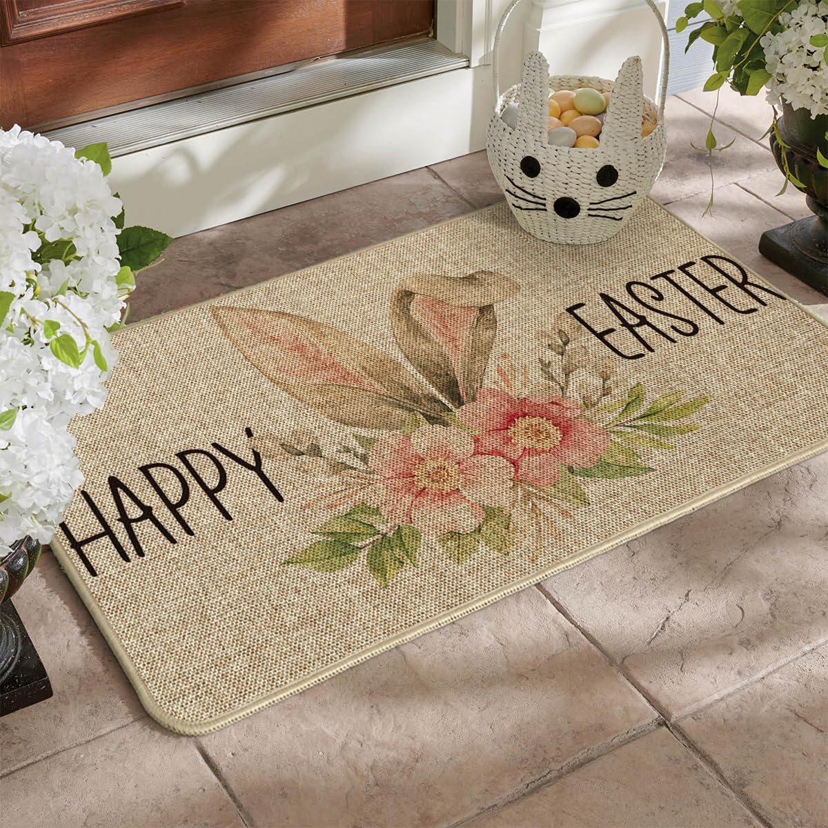 Artoid Mode Elegant Welcome Cute Bunny Ears Easter Doormat, Seasonal Spring Summer Holiday Low-Profile Yard Floor Switch Mat for Indoor Outdoor 17 x 29 Inch