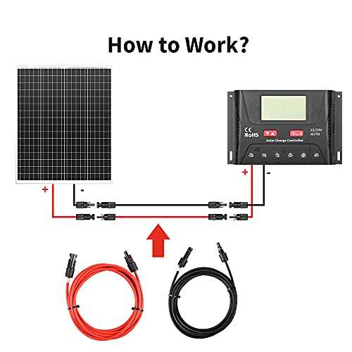 HQST Solar Panel Extension Cable 20 Feet 10AWG with Female and Male Connector Solar Panel Adaptor Kit Tool (20FT Red + 20FT Black)