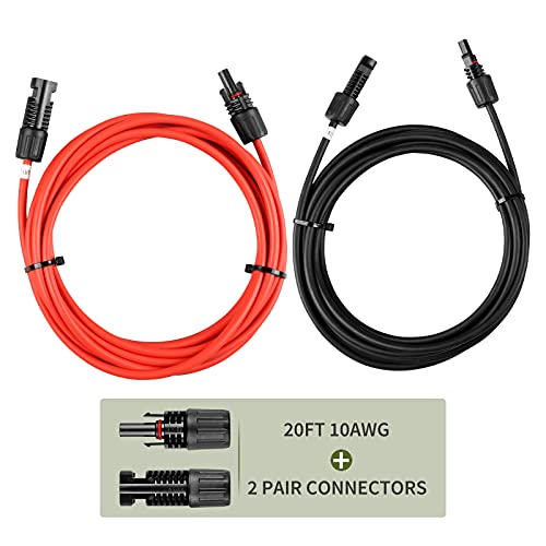 HQST Solar Panel Extension Cable 20 Feet 10AWG with Female and Male Connector Solar Panel Adaptor Kit Tool (20FT Red + 20FT Black)