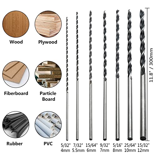 Jersvimc 7Pcs 300mm 12 Extra Long Drill Bit Set, Long Wood Drill Bits Long Shank Drill Bits Brad-Point Drill Bit Set Include (4mm, 5mm, 6mm, 7mm, 8mm, 10mm, 12mm)