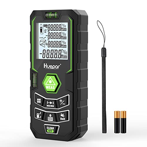 Huepar Laser Distance Measure 328Ft with Rechargeable Battery & Angle Sensor, Backlit LCD Laser Meter M/in/Ft with Mute Function&Multi-Measurement Modes, Distance Pythagorean, Area&Volume -X6-LM100