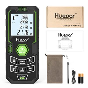 Huepar Laser Distance Measure 328Ft with Rechargeable Battery & Angle Sensor, Backlit LCD Laser Meter M/in/Ft with Mute Function&Multi-Measurement Modes, Distance Pythagorean, Area&Volume -X6-LM100