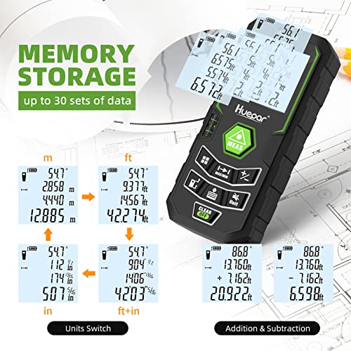 Huepar Laser Distance Measure 328Ft with Rechargeable Battery & Angle Sensor, Backlit LCD Laser Meter M/in/Ft with Mute Function&Multi-Measurement Modes, Distance Pythagorean, Area&Volume -X6-LM100