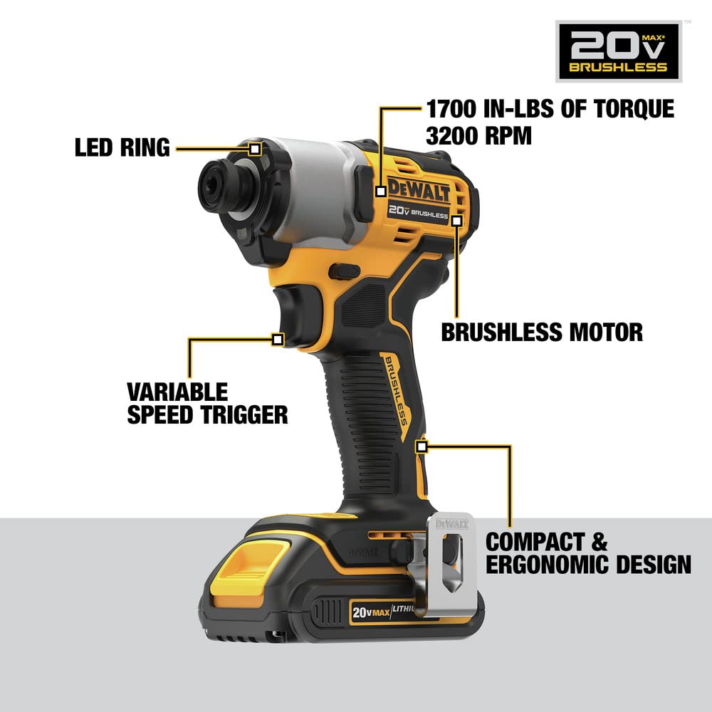 DEWALT 20V MAX* 1/4 in. Brushless Cordless Impact Driver Kit (DCF840C2)