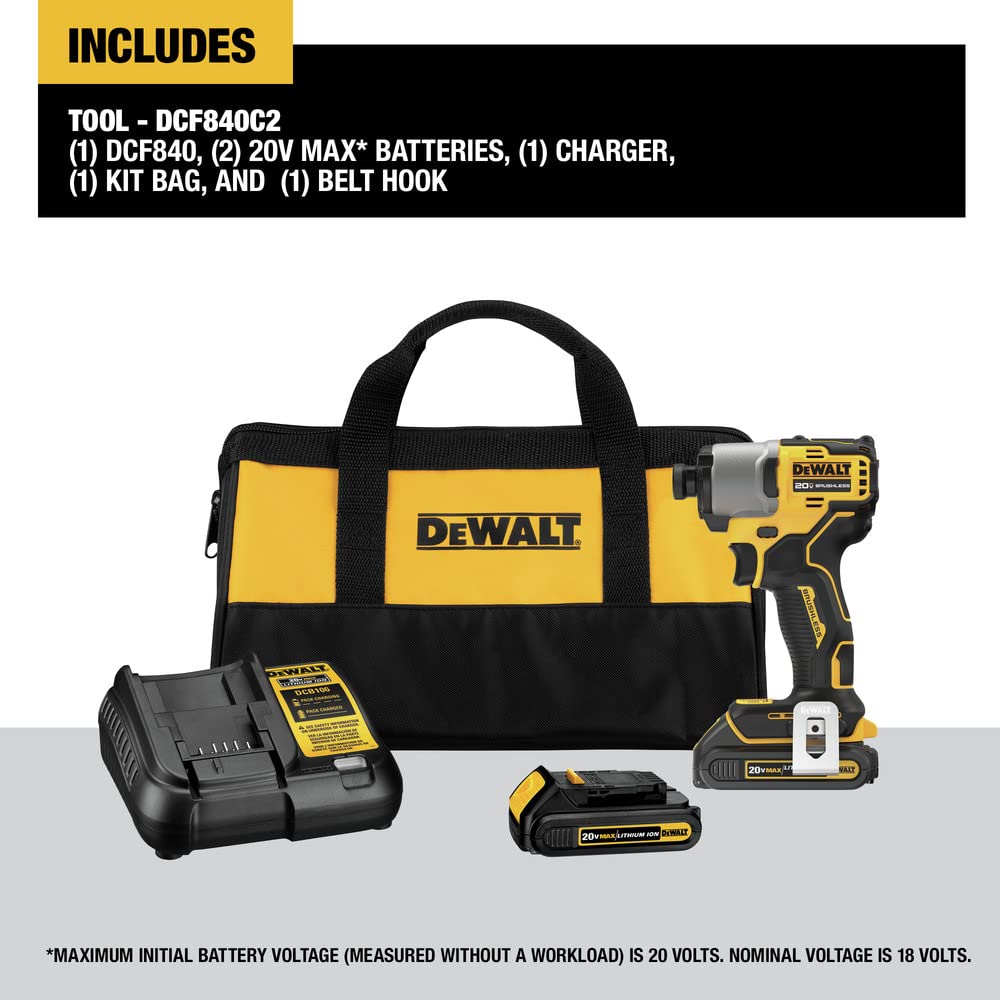 DEWALT 20V MAX* 1/4 in. Brushless Cordless Impact Driver Kit (DCF840C2)