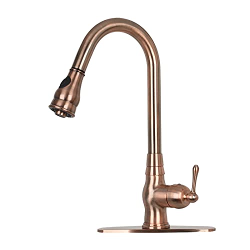 One-Handle Pull-Down Kitchen Faucet Single Level Solid Brass Kitchen Sink Faucet with Deck Plate (Antique Copper)