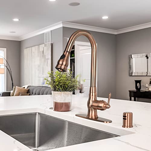 One-Handle Pull-Down Kitchen Faucet Single Level Solid Brass Kitchen Sink Faucet with Deck Plate (Antique Copper)