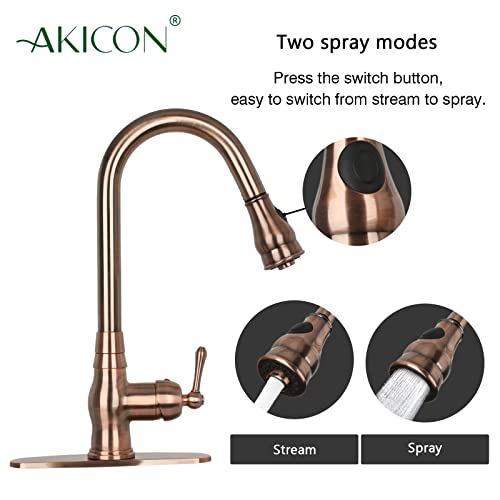 One-Handle Pull-Down Kitchen Faucet Single Level Solid Brass Kitchen Sink Faucet with Deck Plate (Antique Copper)