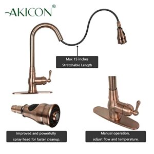 One-Handle Pull-Down Kitchen Faucet Single Level Solid Brass Kitchen Sink Faucet with Deck Plate (Antique Copper)