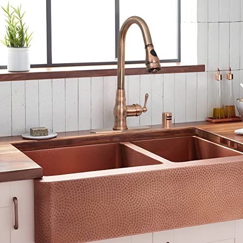 One-Handle Pull-Down Kitchen Faucet Single Level Solid Brass Kitchen Sink Faucet with Deck Plate (Antique Copper)