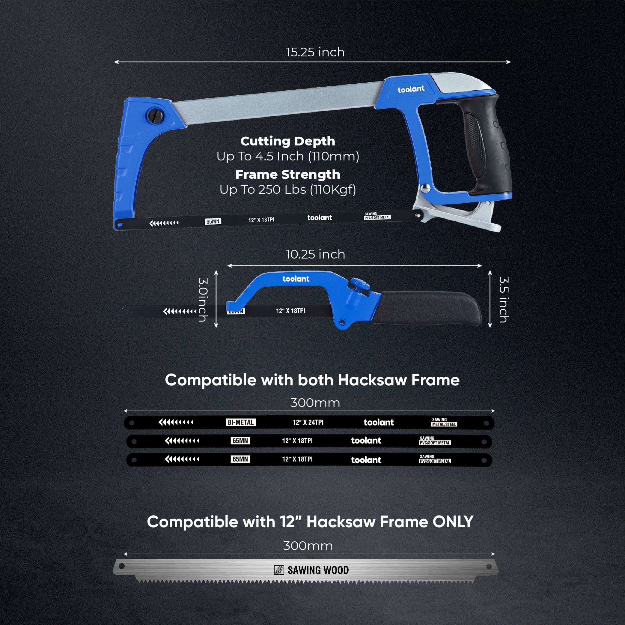 AugTouf Hacksaw Set-12" Hand Saw and 10'' Mini Hacksaw for Metal, Wood, PVC Pipe, Including 4 Blades