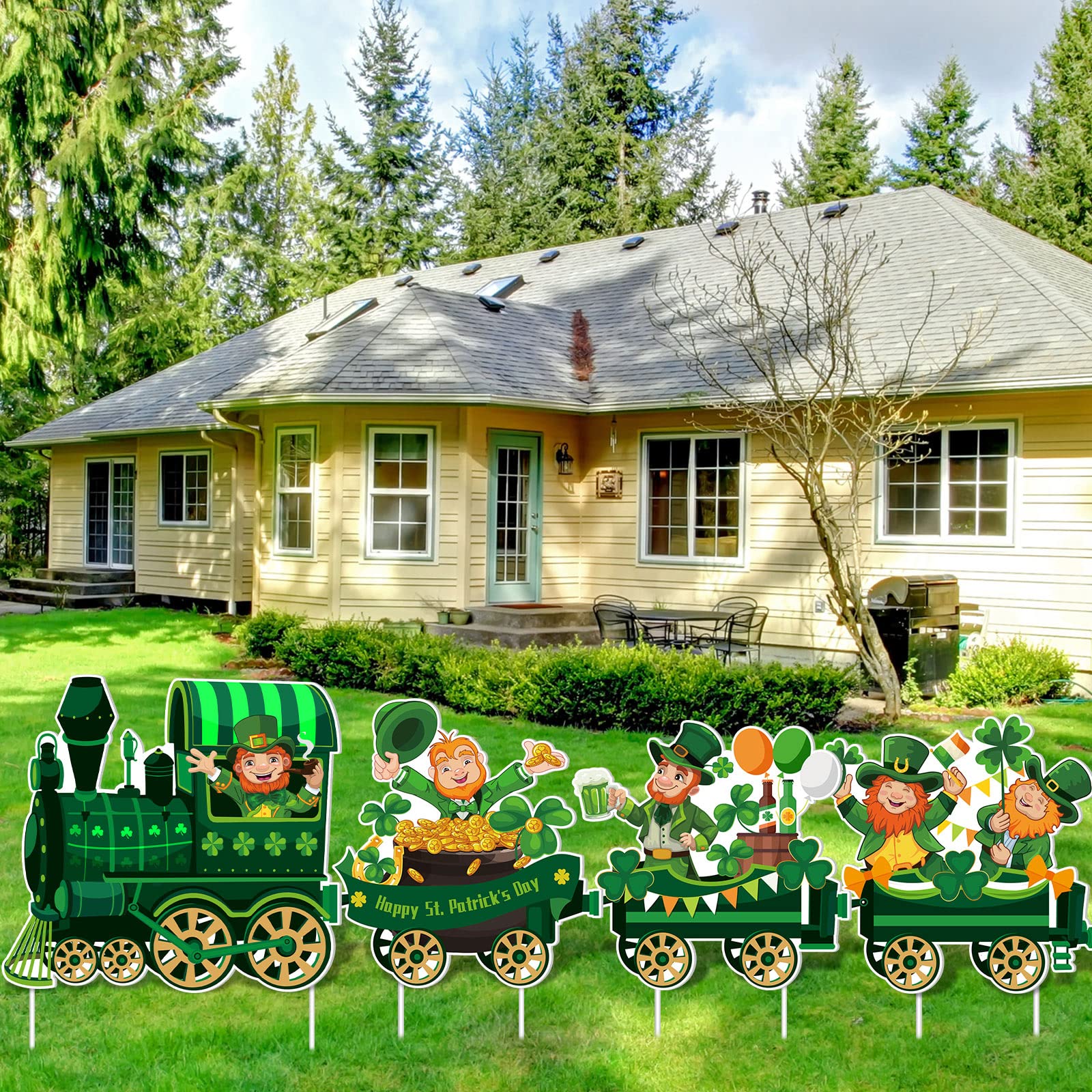 Maitys 4 Pcs St. Patrick's Day Train Yard Sign Decorations Leprechaun Shamrock Train Lawn Outdoor Decor Irish Garden Sign with Plastic Stakes for Saint Patty's Day Home Patio Outdoor Decorations