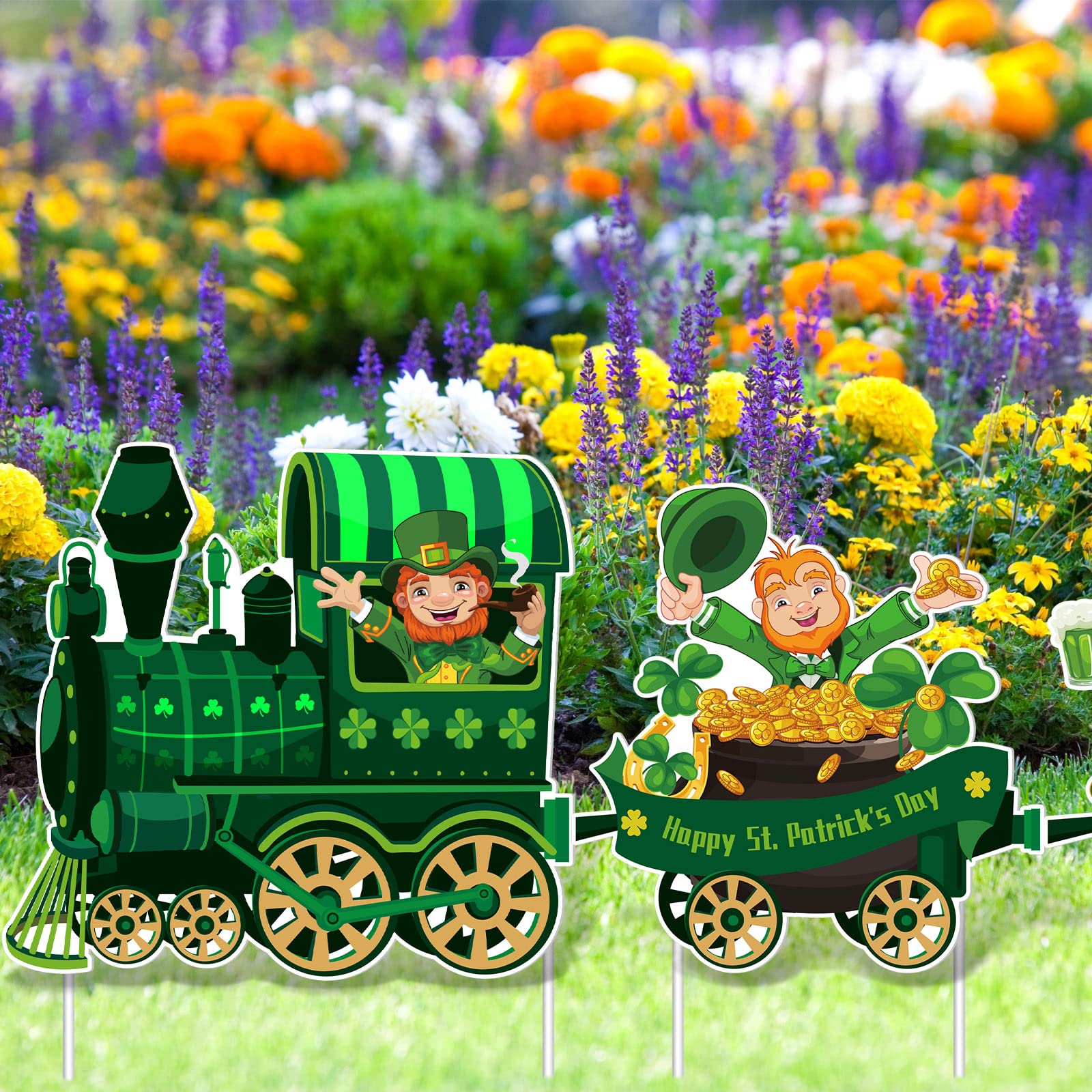 Maitys 4 Pcs St. Patrick's Day Train Yard Sign Decorations Leprechaun Shamrock Train Lawn Outdoor Decor Irish Garden Sign with Plastic Stakes for Saint Patty's Day Home Patio Outdoor Decorations