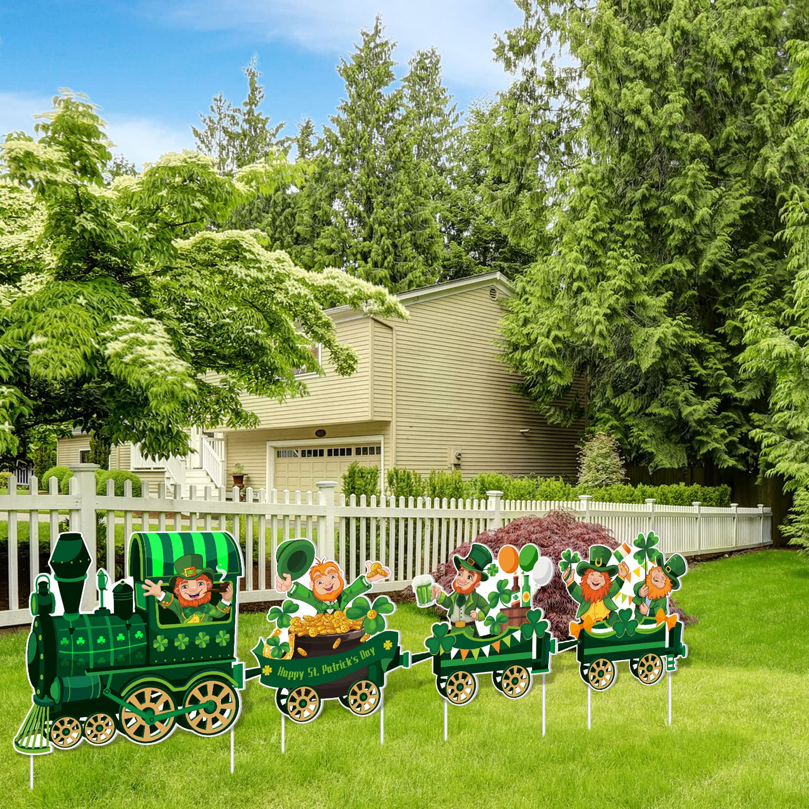 Maitys 4 Pcs St. Patrick's Day Train Yard Sign Decorations Leprechaun Shamrock Train Lawn Outdoor Decor Irish Garden Sign with Plastic Stakes for Saint Patty's Day Home Patio Outdoor Decorations