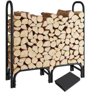 yaheetech firewood rack outdoor 4ft heavy duty metal firewood rack indoor with waterproof cover combo set, wood holder fireplace iron log holder for indoor outdoor, black