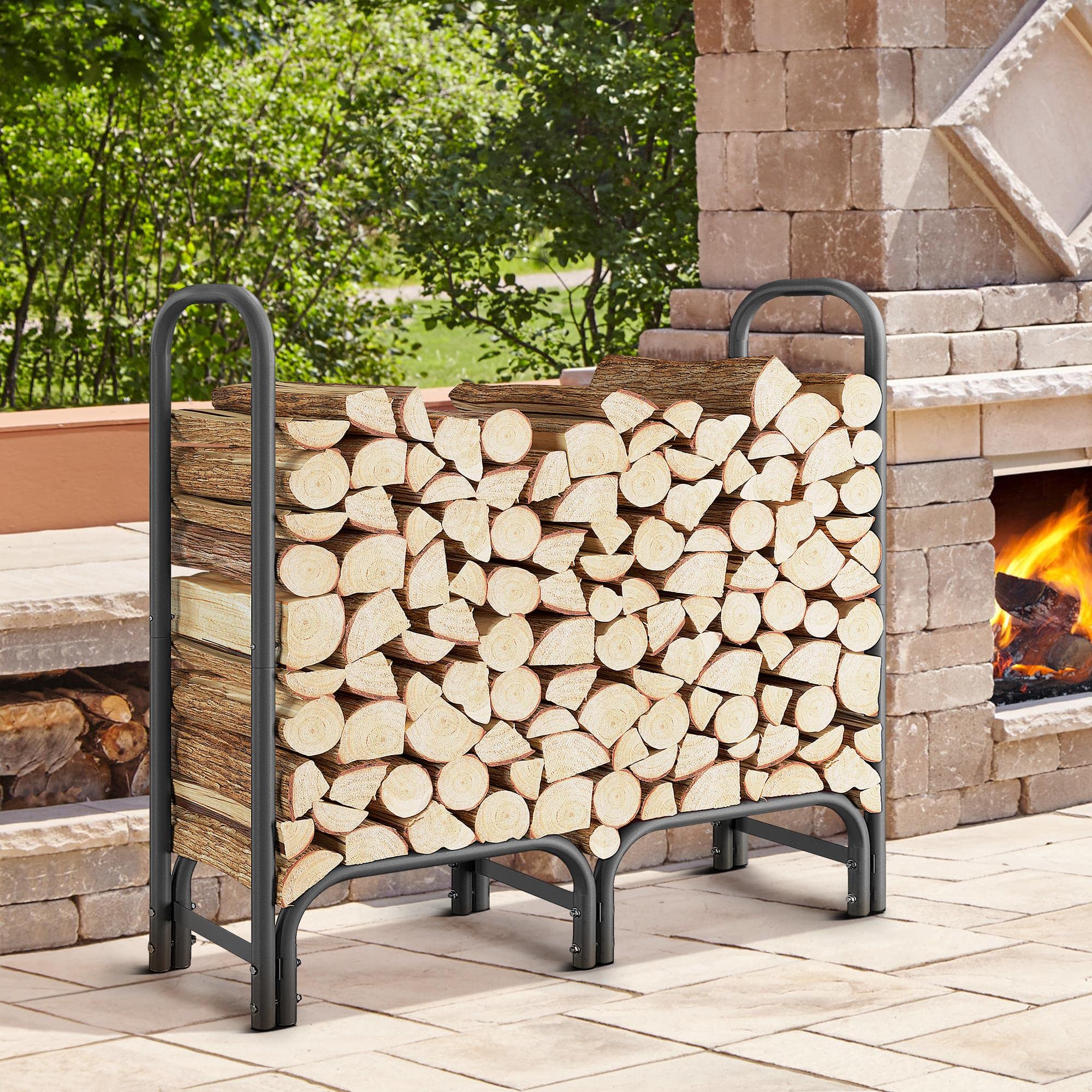 Yaheetech Firewood Rack Outdoor 4ft Heavy Duty Metal Firewood Rack Indoor with Waterproof Cover Combo Set, Wood Holder Fireplace Iron Log Holder for Indoor Outdoor, Black